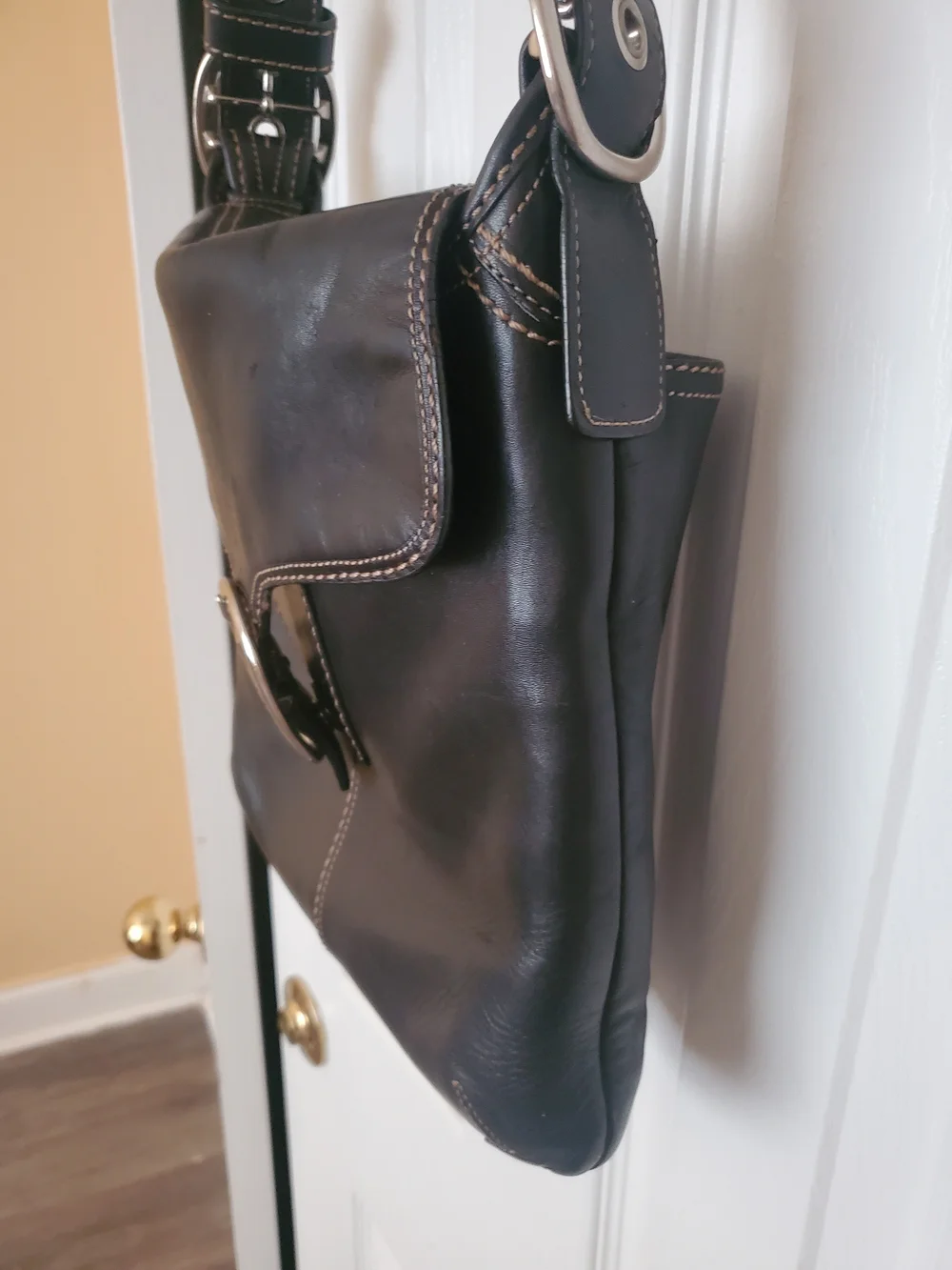 Black Coach Leather Crossbody Bag with Silver Buckle